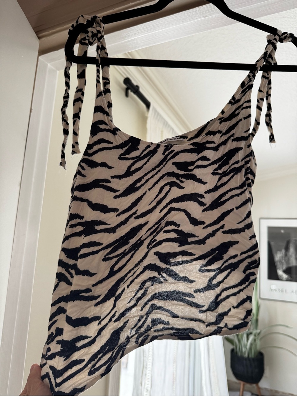 Reformation Beige and Black Zebra Tie-Shoulder Tank